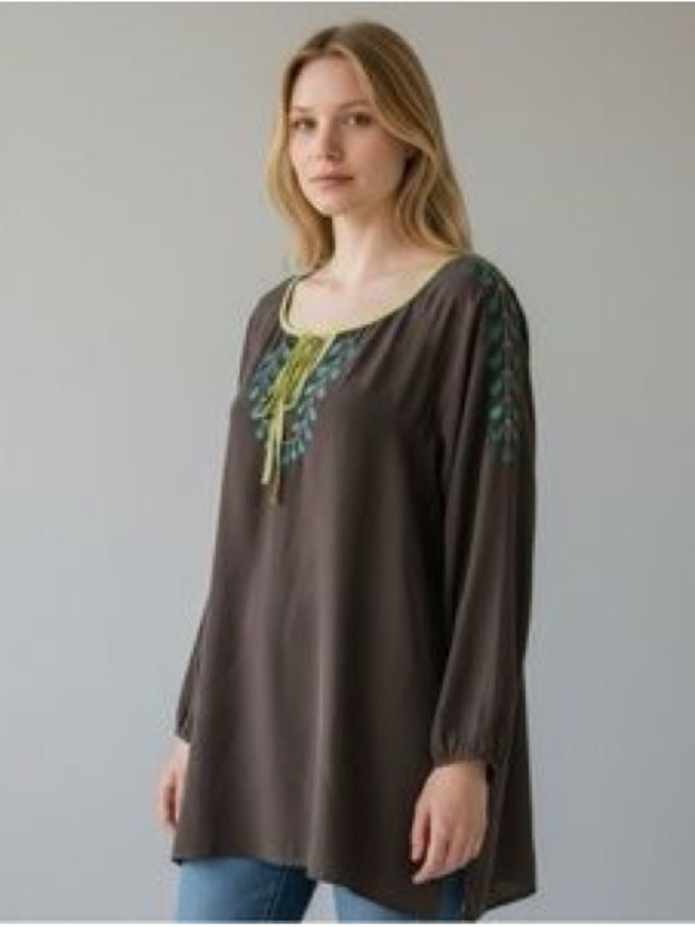 Sundance Plum Taupe Boho Silk Tunic with Yellow Tie and Teal Embroidery Sz M